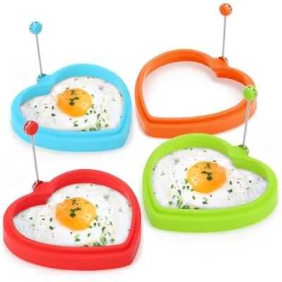 Immagine di COM FOUR® 4x padella per omelette a forma di cuore, uova fritte e frittelle, cuore in silicone con manico protezione dal calore padelle frittate (04 pezzi colorato)