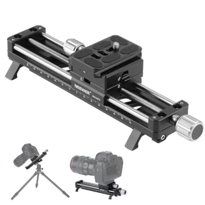 Immagine di NEEWER Guida di messa a fuoco macro da 140 mm, cursore con rotazione 360, bloccaggio 4 direzioni, piedini retrattili, piastra QR tipo Acra, vite 1/4&quot; e 3/8&quot; per riprese ravvicinate,