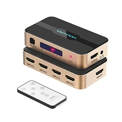 Immagine di VENTION Switch HDMI 4K, splitter 5 in 1 Out, selettore commutatore con telecomando IR supporto 4K @30Hz 3D UHD compatibile PS5, PS4, PS3, Xbox, DVD, TV, Blu ray, proiettore
