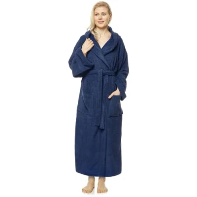 Immagine di Arus Accappatoio da donna con cappuccio, lunghezza al polpaccio, 100% cotone spugna, Taglia donna: XL, unisex: L Blu Marino