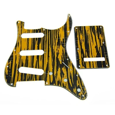Immagine di KAISH Battipenna a 11 fori ST/Stratocaster SSS Pick Guard con piastra posteriore ST Tremolo Trem copertura per USA/Messico Stratocaster/Stratocaster nero giallo vimini