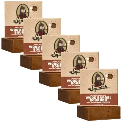 Immagine di Dr. Squatch sapone da bar uomo, confezione 5 barili di legno bourbon, completamente naturale per barrette sapone, odore bourbon invecchiato in botte