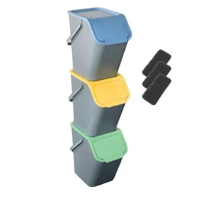 Immagine di Go Practic set di 3 pattumiere e filtri bio in fibra carbonio, impilabili, con coperchio a scatto, per raccolta differenziata, cucina, colori, 25 l ciascuna
