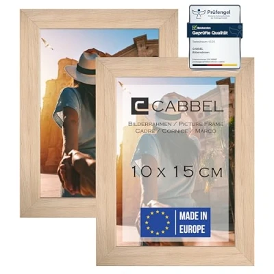 Immagine di CABBEL confezione doppia (set di 2) cornice per foto 10x15 cm, naturale, robusta in legno MDF, plexiglass infrangibile, da appendere e appoggio, ideale foto/immagini/collage