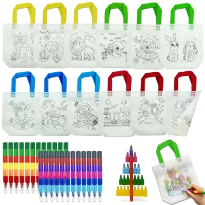 Immagine di ICEPAPA, Gadget Compleanno Bambini, 12 pezzi di Sacche da Colorare per Bambini e 24 Pastelli a Cera impilabili (12 colori in totale), Regalini Fine Festa