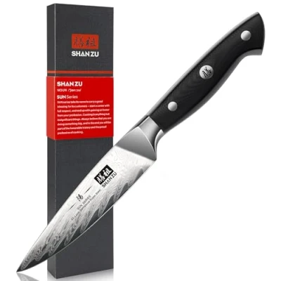 Immagine di SHAN ZU Coltello da Frutta Damasco 9,5 cm, Piccolo e Verdura, Cucina per Sbucciare in Acciaio (AUS 10), Manico Ergonomico G10 SUN Series