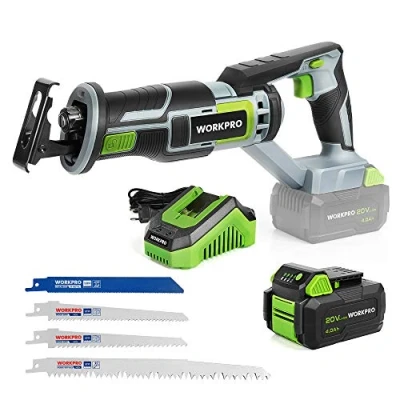 Immagine di WORKPRO Sega a Gattuccio Batteria, Universale 20 V, con LED, Include 4 Lame per Sega, Batteria da 4,0 Ah, Caricabatterie, Velocità Variabile il Taglio di Legno e Metallo