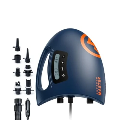 Immagine di OutdoorMaster The Shark Pompa ad aria elettrica SUP alta pressione con sistema di raffreddamento attivo 20 PSI 12 V DC intelligente a due stadi per gonfiabili paddle board barche (blu scuro)