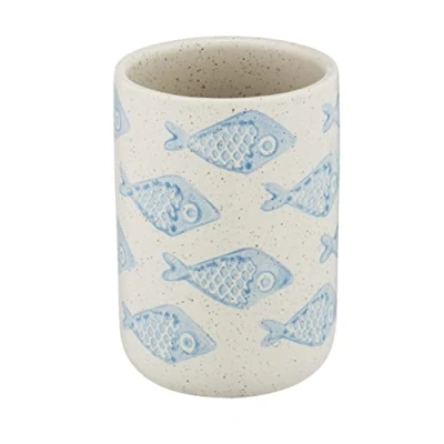 Immagine di Wenko Bicchiere portaspazzolini Aquamarin, pregiato per spazzolini e dentifricio, in raffinata Ceramica Bianca Opaca con scenari marittimi di Colore Blu, Dipinto a Mano, Ø 8x11cm