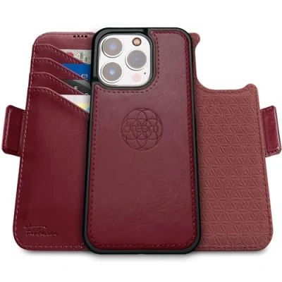 Immagine di dreem Fibonacci compatibile con iPhone 15 Pro Max custodia a portafoglio/custodia antiurto 2 in 1 e folio pelle vegana staccabile, MagSafe, protezione RFID [Borgogna]