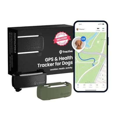 Immagine di Tractive Bundle GPS per cani con custodia verde oliva Leader di mercato Localizzazione in tempo reale Notifiche antifuga Monitoraggio dell&#039;attività e degli abbai Avvisi salute (Nero)
