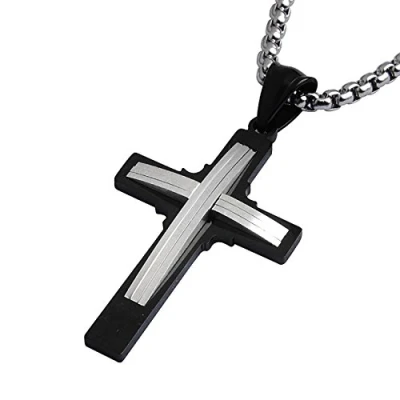 Immagine di DonDon Collana Uomo con Ciondolo Croce Doppia Incisione in Acciaio Inox Bicolore 52 cm Argento e Sacchetto di Velluto Nero