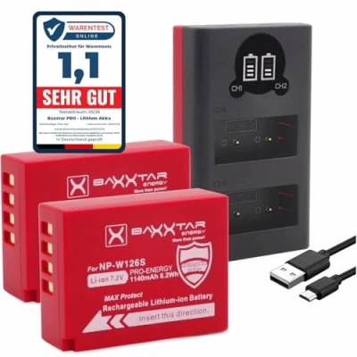 Immagine di Baxxtar Pro Batteria NP W126s W126 MaxProtect V1 (2 X 1140 mAh) con sensore NTC attivo e custodia protettiva Plus 18612 (Mini USB Dual LCD) M5 X100VI S10 T20 T30 II T5 T50 ecc.