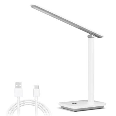 Immagine di Aigostar lampada da scrivania LED, tavolo con 3 modalità e 4 livelli di luminosità, pieghevole porta ricarica USB, funzione memoria, controllo touch, bianco grigio