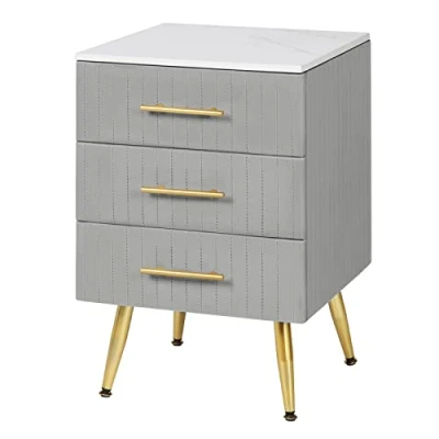 Immagine di WOLTU Comodino Camera da Letto in Velluto con Tre Cassetti, Cassettiera Legno, Organizzatore Letto, Gambe Metallo, Bianco e Grigio, TS135gr