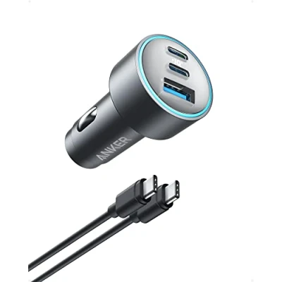 Immagine di caricabatterie da auto USB C Anker, rapido compatto 3 porte 67 W, adattatore 535 con PIQ 3.0 per iPhone 14, Galaxy S23, MacBook Pro, iPad Air e altro (cavo a incluso)