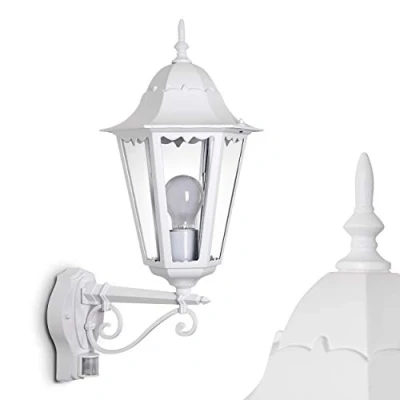 Immagine di lampada da parete per esterni Hongkong, rilevatore di movimento, rivolta verso l&#039;alto, stile antico, in fusione alluminio bianco, vetri, terrazza/giardino, E27, retro, senza lampadina/e