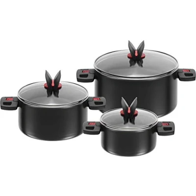 Immagine di BALLARINI Set di 3 Pentole, Pezzi, con Coperchi, Rivestimento Antiaderente, Alluminio/Impugnature in Plastica, Click &amp; Cook, Nero