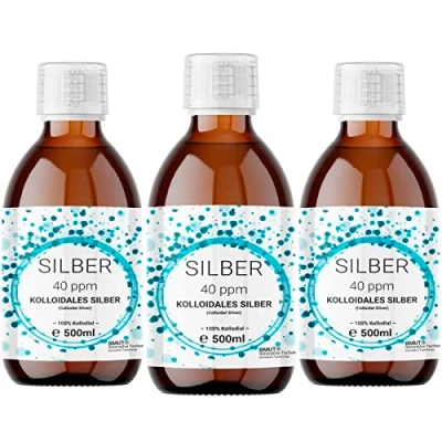 Immagine di 3 x 500 ml argento colloidale (40 ppm) in bottiglia di vetro ambrato, acqua argentata, pura, 100%