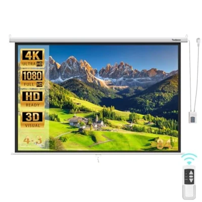 Immagine di Todeco Schermo di Proiezione Motore 84 Pollici 128 x 170 cm, Telo Proiettore Motorizzato con Telecomando Formato 4:3, Proiettoreper HD 3D, installazione a parete o soffitto