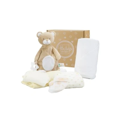 Immagine di Baby Box Shop 6 Articoli essenziali per neonati unisex, Regali ideali la festa del nascituro, include un Piumino Bambini, asciugamano color Crema con Cappuccio, Panno in Mussola, bo