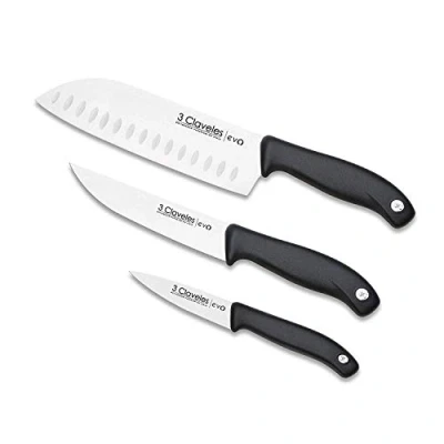 Immagine di 3 Claveles Set Cuchillos, Verduras 9cm + Cocina 13,5cm Santoku 18cm, Acero Inoxidable, mango polipropileno, ligero y resistente