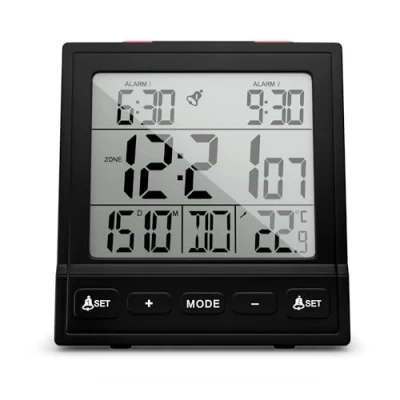 Immagine di Mebus Digitaler Funkwecker mit Temperaturanzeige, Datumsanzeige, Zwei Weckzeiten, Weckwiederholung, Auto Einstellung Sommer /Winterzeit, Funk Uhr, Digitalwecker/Farbe: Schwarz/Modell: 25581