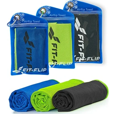Immagine di Fit Flip Set da 3 Asciugamani rinfrescanti 100x30cm Asciugamano rinfrescante in Microfibra, Airflip Cooling Towel, Microfibra Colore: Verde Neon/Blu Scuro/Grigio, Misura: