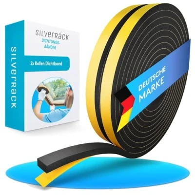 Immagine di SilverRack Guarnizione autoadesiva per porte da 8 m, colore nero, 12 mmx6 mm, 2 rotoli 4 paraspifferi risparmiare sui costi di riscaldamento