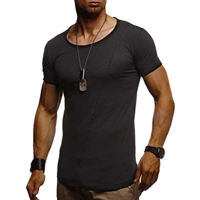Immagine di Leif Nelson maglietta estiva da uomo, scollo a girocollo, Slim Fit, in cotone, felpa con cappuccio maniche corte LN8209 Nero XXL