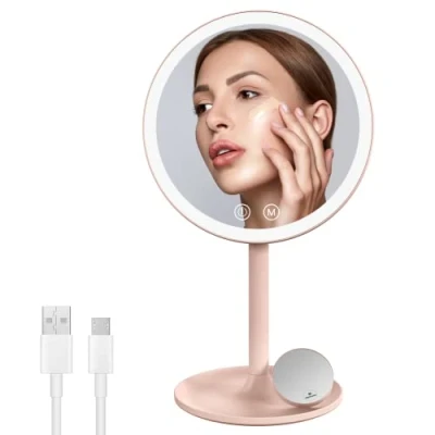 Immagine di EMKE specchio da trucco con illuminazione, cosmetico a LED 3 colori di luce, pratico ingrandimento 1/3x, luminosità regolabile e interruttore touch (rosa)
