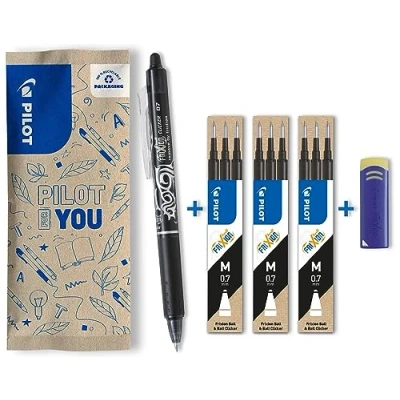 Immagine di Pilot, 1 Penne sfera Frixion Clicker, 9 Ricariche e cancellino Remover, Penna a scatto cancellabili fatta con plastica riciclata, Colore nero, Punta Media
