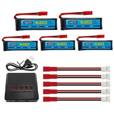 Immagine di AMZZN 5PCS 3.7V 680mAh 1S Lipo batteria JST Spina con caricabatterie 5 in 1 adatto per UDI U817 U818A V959 V222 V929 S032 Drone di controllo remoto, quattro assi backup degli aerei