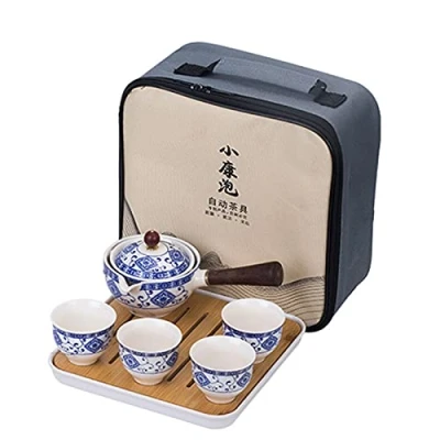 Immagine di fanquare Servizio da Tè Portatile Viaggio in Porcellana, Set Kungfu Blu e Bianca, 1 Teiera, 4 Tazze Vassoio Bambù con Borsa