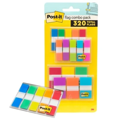 Immagine di Post it Confezione combinata di colori assortiti, 320 bandiere in totale, 200 larghe 2,5 cm e 120 cm, 4 dispenser on the go