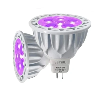 Immagine di JSVSAL Confezione da 2 lampadine LED dimmerabili viola MR16 GU5.3 con base bipolare, 5 W, 50 W equivalenti alogeni, ACDC 12 V a bassa tensione, 40 gradi faretti per illuminazione paesaggistica,