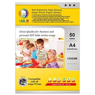 Immagine di MR.R 135gsm/m² fogli A4x50 carta fotografica lucida autoadesiva etichette bianche lucide per stampe adesivi stampabili di qualità autoadesivi