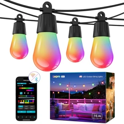 Immagine di Lepro ZB1 AI Catena Luminosa Smart 15M,Luci Stringa da Esterno con 15 Lampadine LED S14,Funziona Alexa/Google Assistant,Decine di Modalità Natale Decorativa per Gazebo,Giardino,Balcone