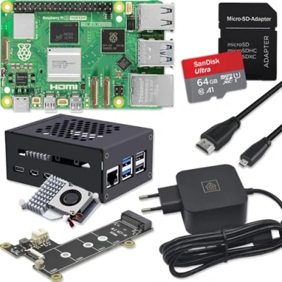 Immagine di Raspberry Pi 5 16 GB PCIe M.2 NVMe Kit alloggiamento in metallo Active Cooler SSD Board alimentatore USB C 27 W scheda SD da 64 cavo micro HDMI 4K (16 RAM)