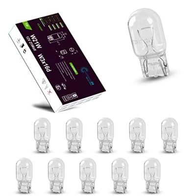 Immagine di LIGHTWORLD24 Lampadine alogene per auto, 10 x W21W, T20, 12V, 21W, estremamente resistenti, 7440 W3 16D, luce di freno, retromarcia, indicatori direzione