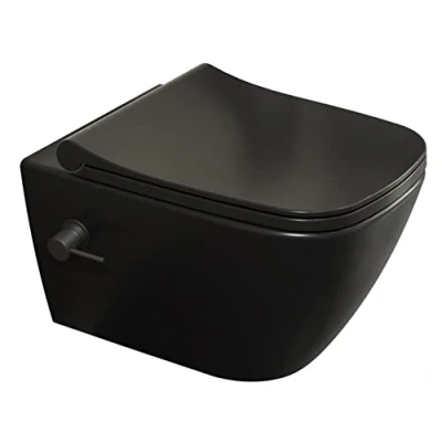 Immagine di Aqua Bagno Taharet WC con rubinetto, da parete sedile chiusura morbida, sospeso funzione bidet, lunghezza 51 cm, nero opaco