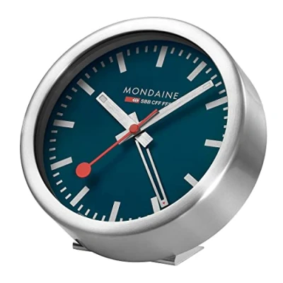 Immagine di Mondaine Mini orologio da parete e sveglia con cassa in alluminio color argento, quadrante blu mare profondo, diametro: 12,5 cm, A997MCAL46SBV