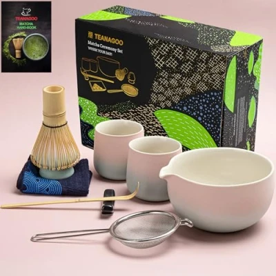 Immagine di TEANAGOO Matcha set Whisk Bowl with Pouring Spout Scoop Holder Tea Making Kit. 1 da tè giapponese (7 pezzi) + 2 tazze (7,2 oz), S11, rosa sfumato, confezione