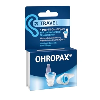 Immagine di OHROPAX tappi per le orecchie da viaggio Filtro speciale brevettato Regola bilanciamento della pressione Livello di isolamento acustico SNR 16 dB viaggiare e volare 1 paio con