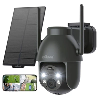 Immagine di ieGeek 2K Telecamera Wi Fi Esterno Senza Fili con Pannello Solare, 360 PTZ Videocamera Sorveglianza a Batteria, Rilevazione di Movimento PIR Allarme,Visione Notturna Colori, 2 Vie Audio, IP65