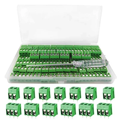 Immagine di YIXISI 100 Pezzi 5mm 2 Pin (80pz)/ 3 (20pz) PCB Morsettiera a Vite, per Prototipo Scheda Circuito Stampato Arduino (Verde)