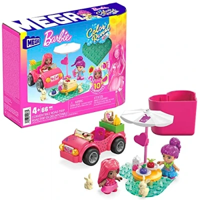 Immagine di MEGA Barbie Color Reveal Cabrio Amiche in Viaggio, include una cabrio, due mini bambole, 2 coniglietti, profumi e 10+ soprese da costruire, giocattolo per bambini, 4+ anni, HKF90