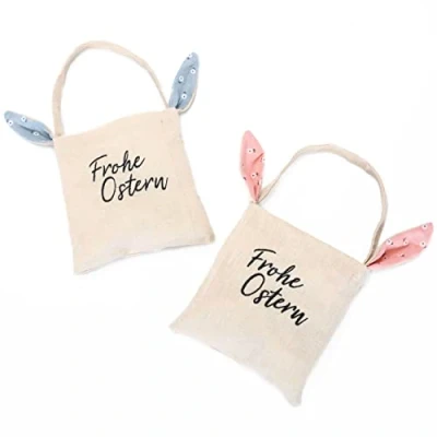 Immagine di Papierdrachen, 2 sacchetti di iuta e velluto con orecchie, cestino Pasqua alternativo da riempire, dal design a coniglietto pasquale, confezione regalo alta qualità riutilizzabile, set 3