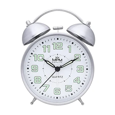 Immagine di MPM Quality, Cooper Colour Alarm Clock, argento, decorazione analogica, numeri luminosi, doppio allarme, vintage, movimento al quarzo, funzione luce notturna, 150 x 110 53 mm