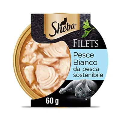 Immagine di Sheba Filets Cibo Umido per gatti al gusto di Pesce Bianco, 32 vaschette da 60g ognuna, Totale 1920g